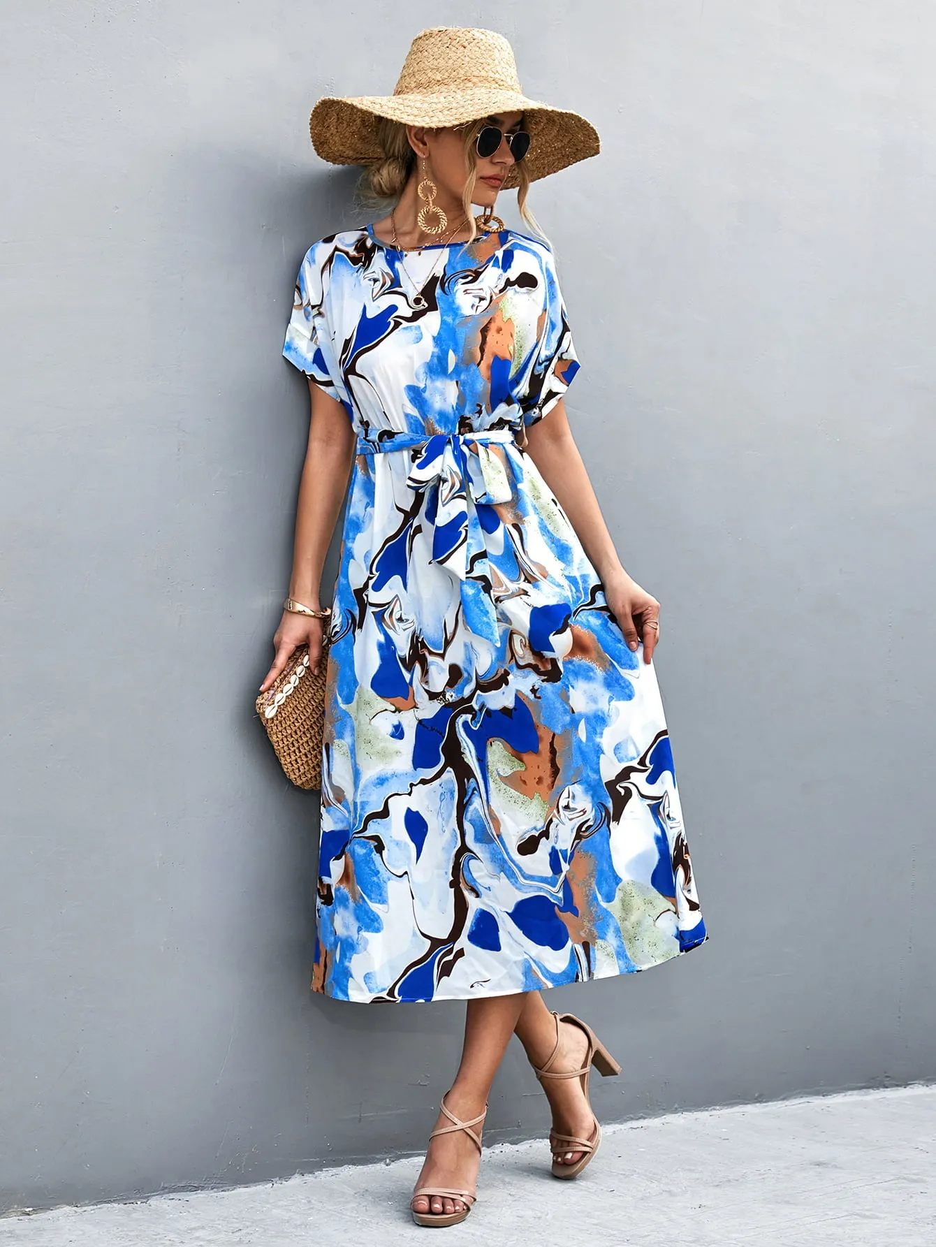 Round Neck Short Sleeve Tie Waist Midi Dress sold by Gigi Laurent product image thumbnail 3