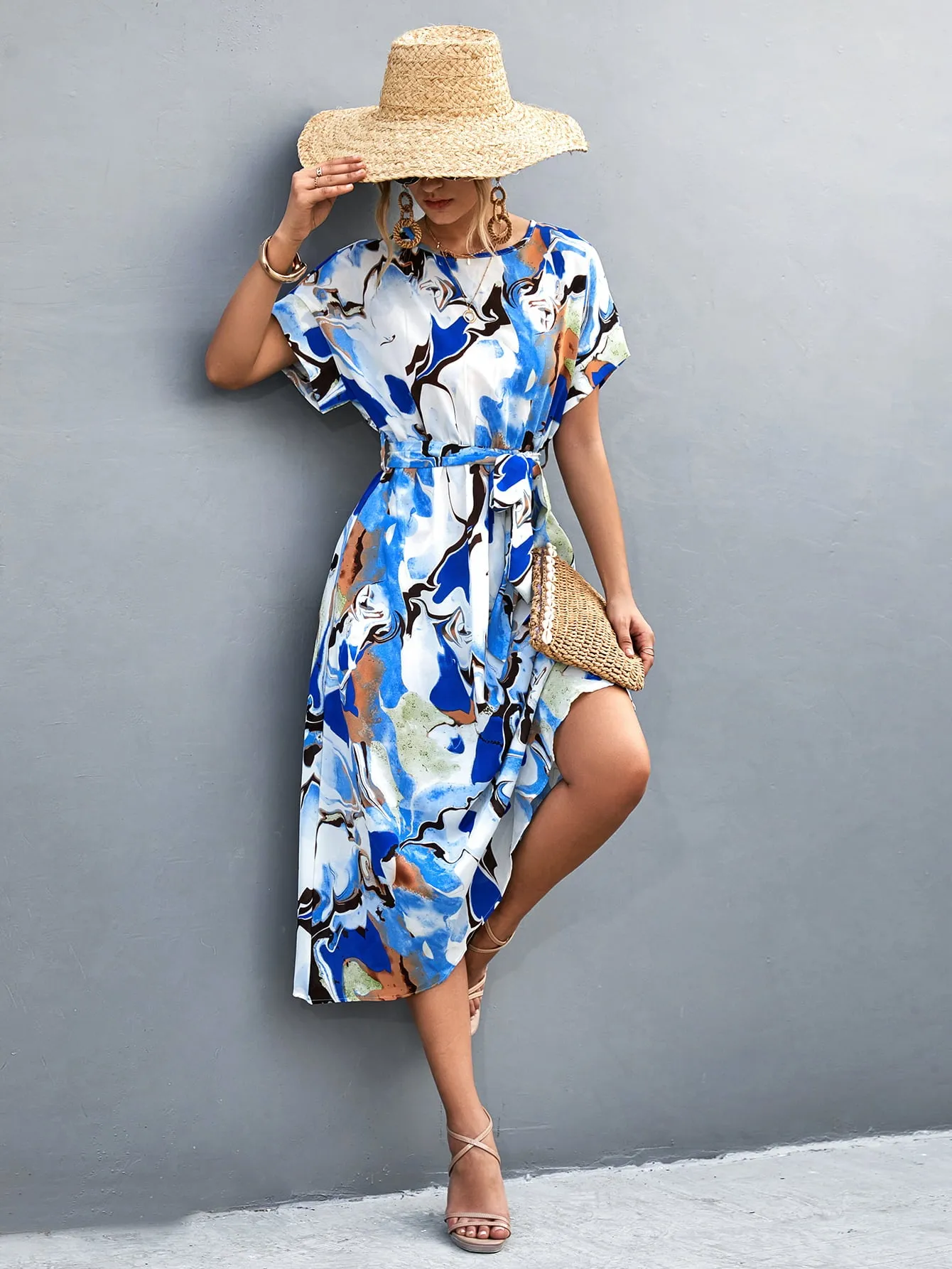 Round Neck Short Sleeve Tie Waist Midi Dress sold by Gigi Laurent product image thumbnail 4