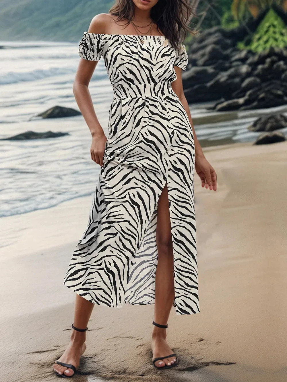 Perfee Slit Animal Print Off-Shoulder Midi Dress sold by Gigi Laurent