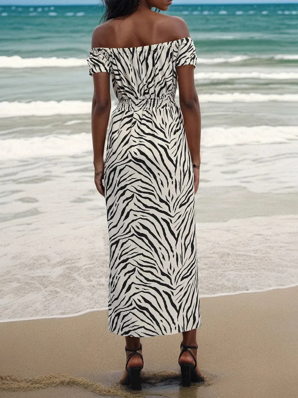Perfee Slit Animal Print Off-Shoulder Midi Dress sold by Gigi Laurent product image thumbnail 2