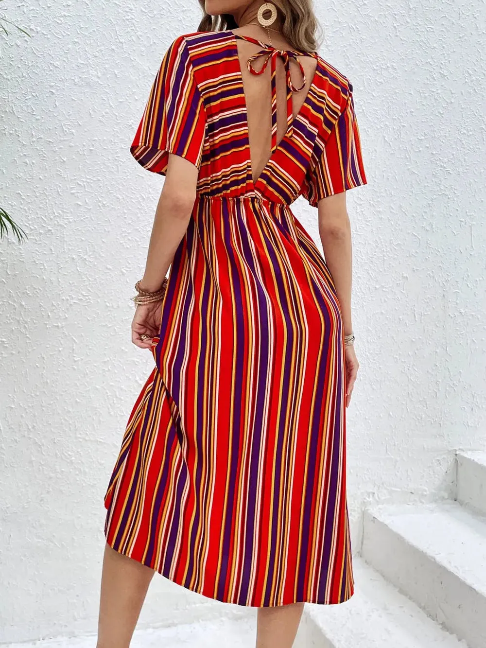 Perfee Slit Striped V-Neck Short Sleeve Midi Dress sold by Gigi Laurent product image thumbnail 2