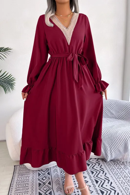 Contrast Belted Flounce Sleeve Dress sold by Gigi Laurent