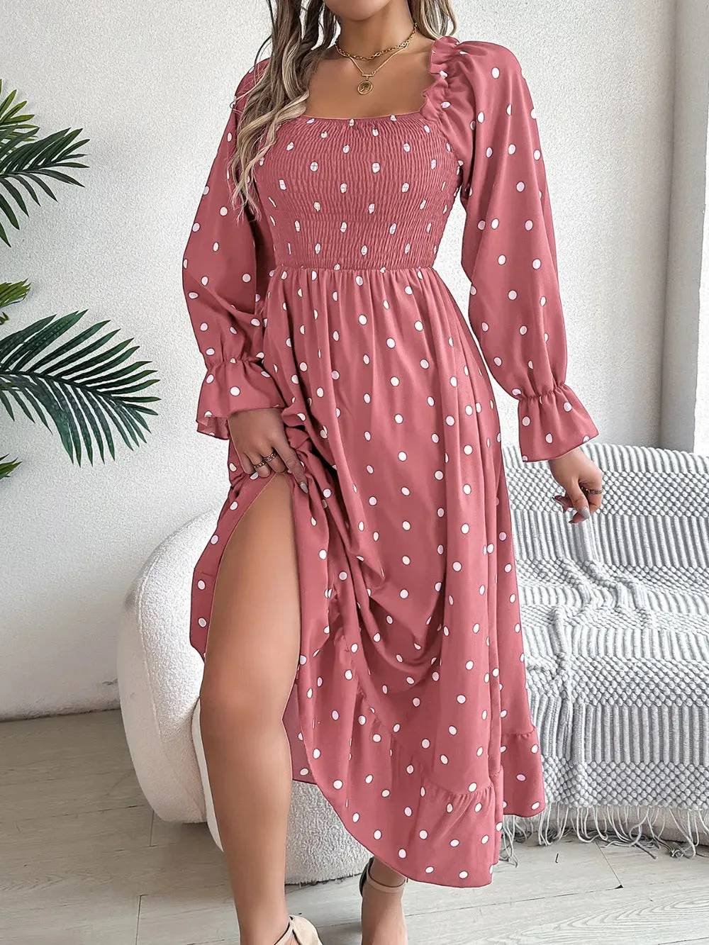 Polka Dot Flounce Sleeve Midi Dress sold by Gigi Laurent