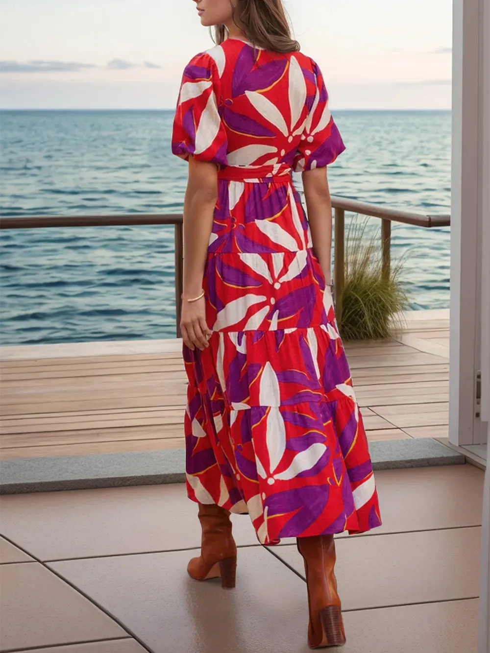 Tied Slit Printed Half Sleeve Midi Dress sold by Gigi Laurent product image thumbnail 3