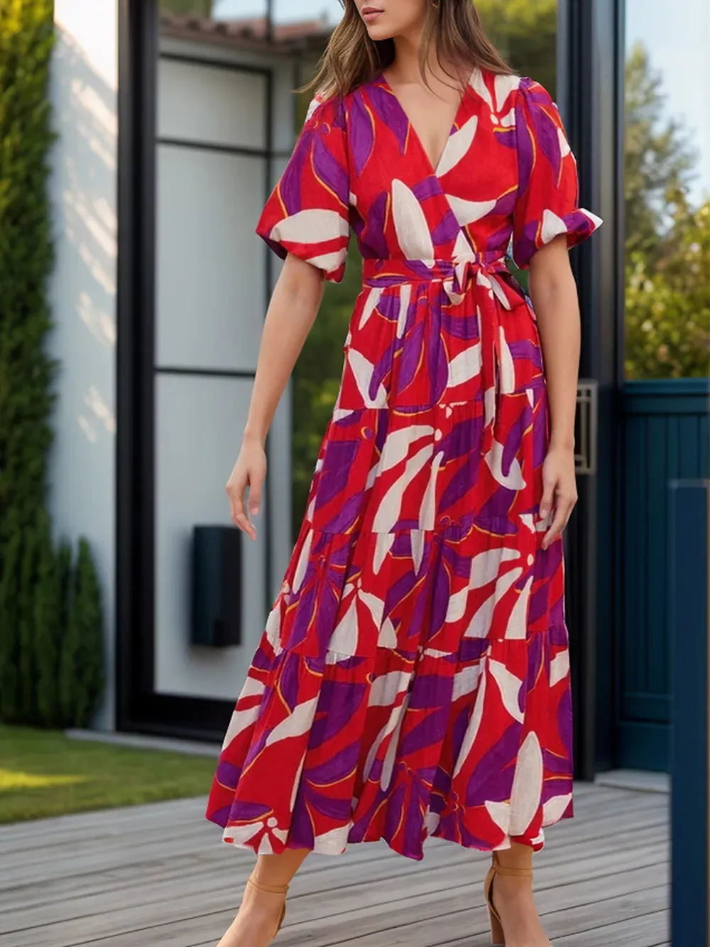 Tied Slit Printed Half Sleeve Midi Dress sold by Gigi Laurent