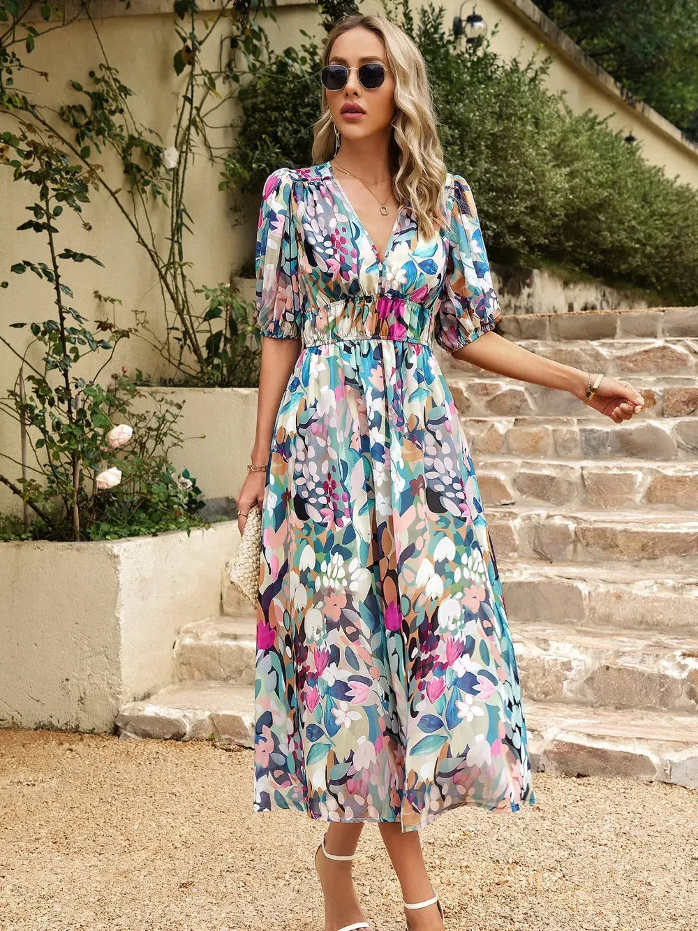 Devine Smocked Printed V-Neck Half Sleeve Midi Dress sold by Gigi Laurent