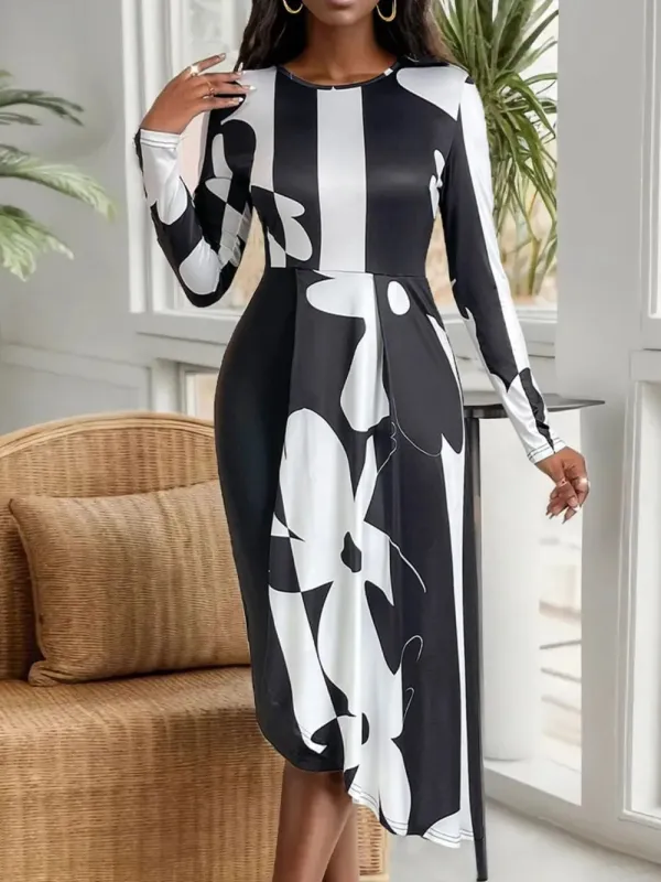 Perfee Asymmetrical Slit Round Neck Long Sleeve Midi Dress sold by Gigi Laurent