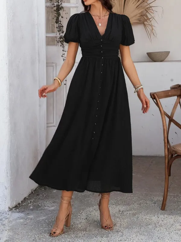 Devine V-Neck Puff Short Sleeve Midi Dress sold by Gigi Laurent