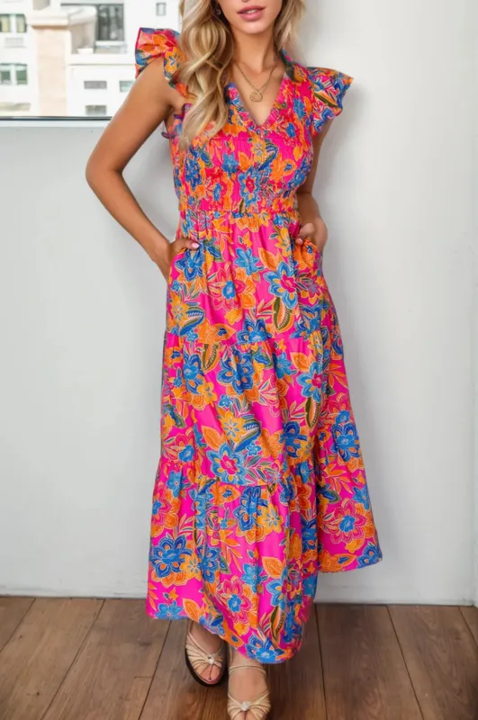 Printed V-Neck Cap Sleeve Pocketed Midi Dress sold by Gigi Laurent