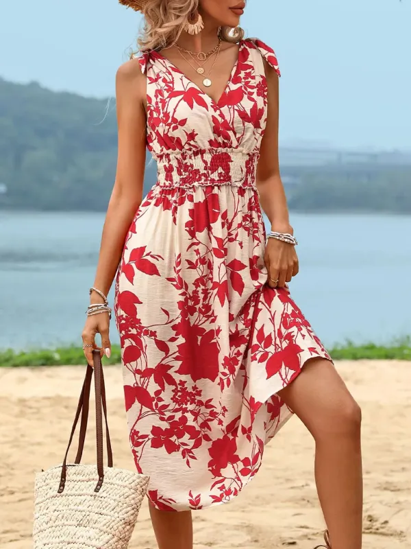Perfee Smocked Printed Surplice Midi Dress sold by Gigi Laurent