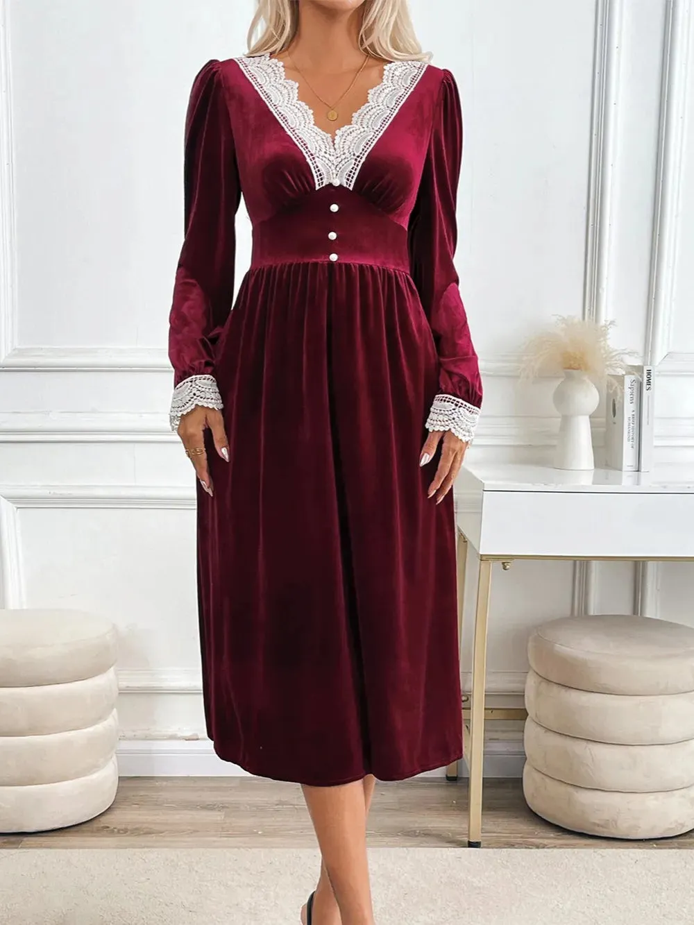 Perfee Lace Detail V-Neck Long Sleeve Midi Dress sold by Gigi Laurent product image thumbnail 5