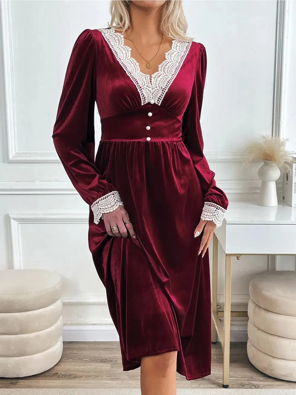 Perfee Lace Detail V-Neck Long Sleeve Midi Dress sold by Gigi Laurent product image thumbnail 4