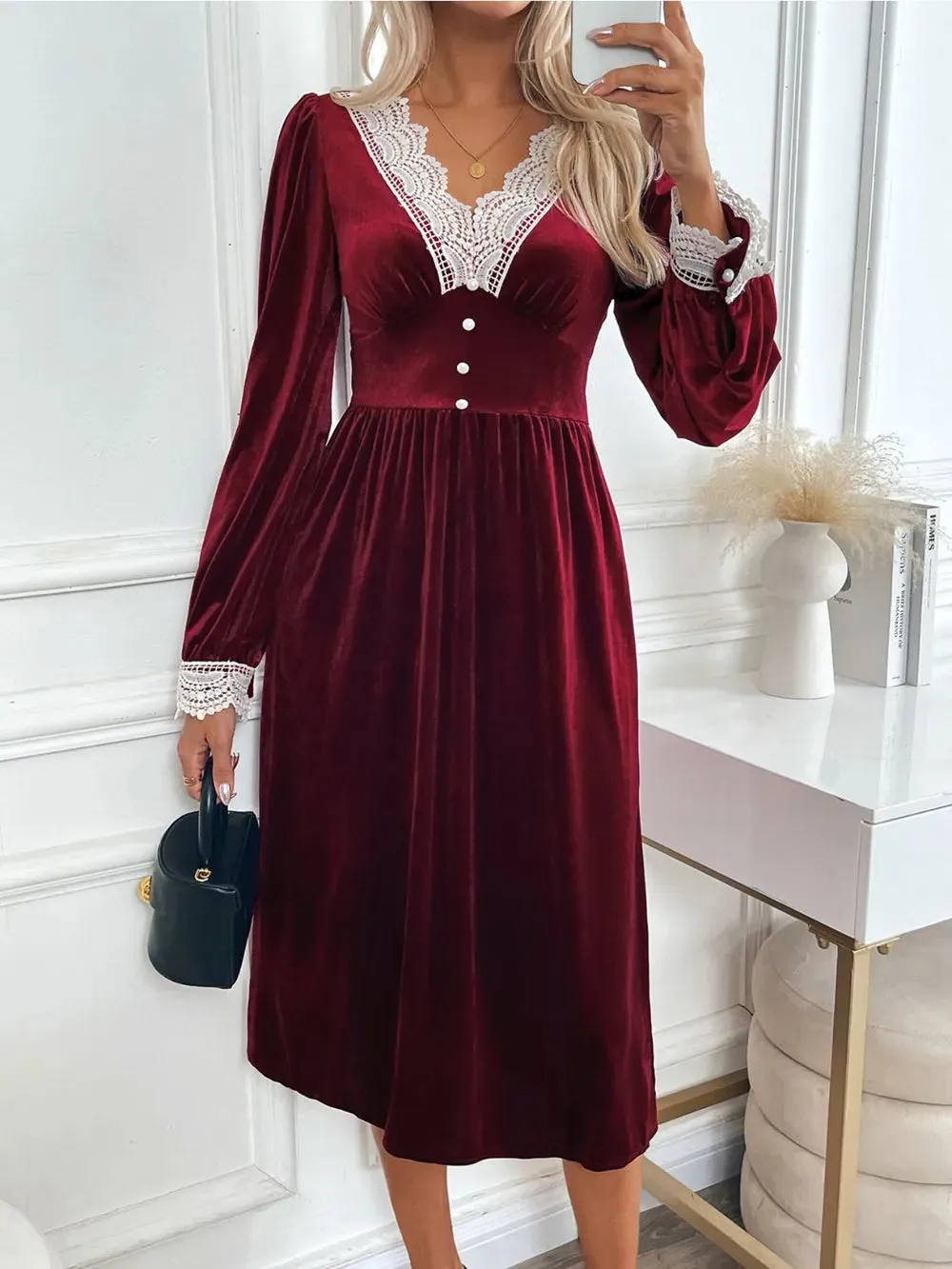 Perfee Lace Detail V-Neck Long Sleeve Midi Dress sold by Gigi Laurent