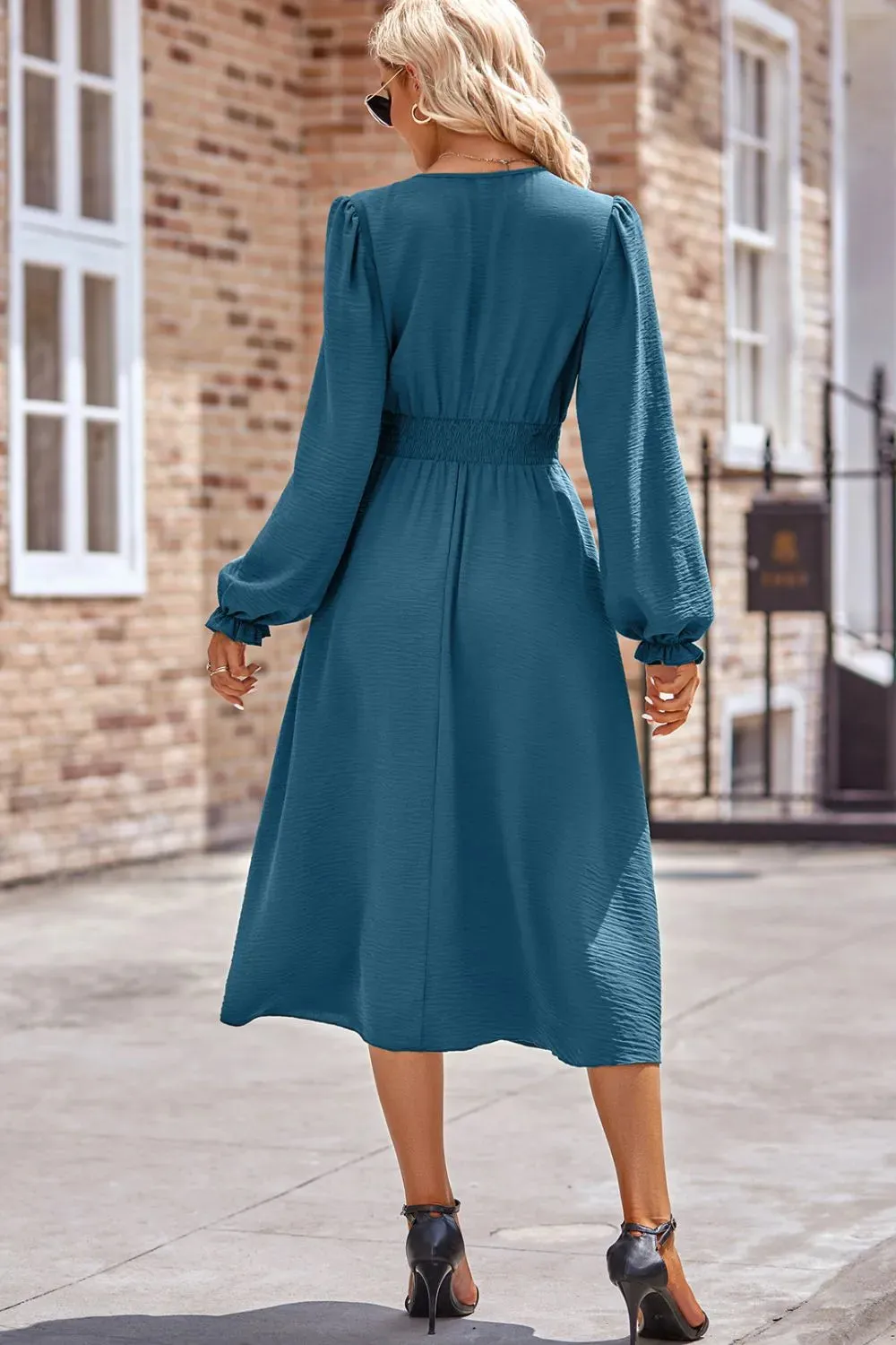 Smocked V-Neck Flounce Sleeve Midi Dress sold by Gigi Laurent product image thumbnail 2
