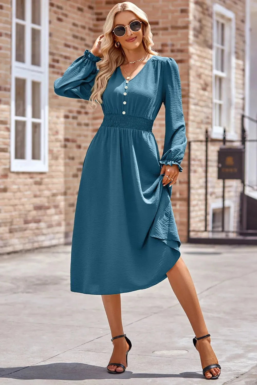 Smocked V-Neck Flounce Sleeve Midi Dress sold by Gigi Laurent product image thumbnail 4