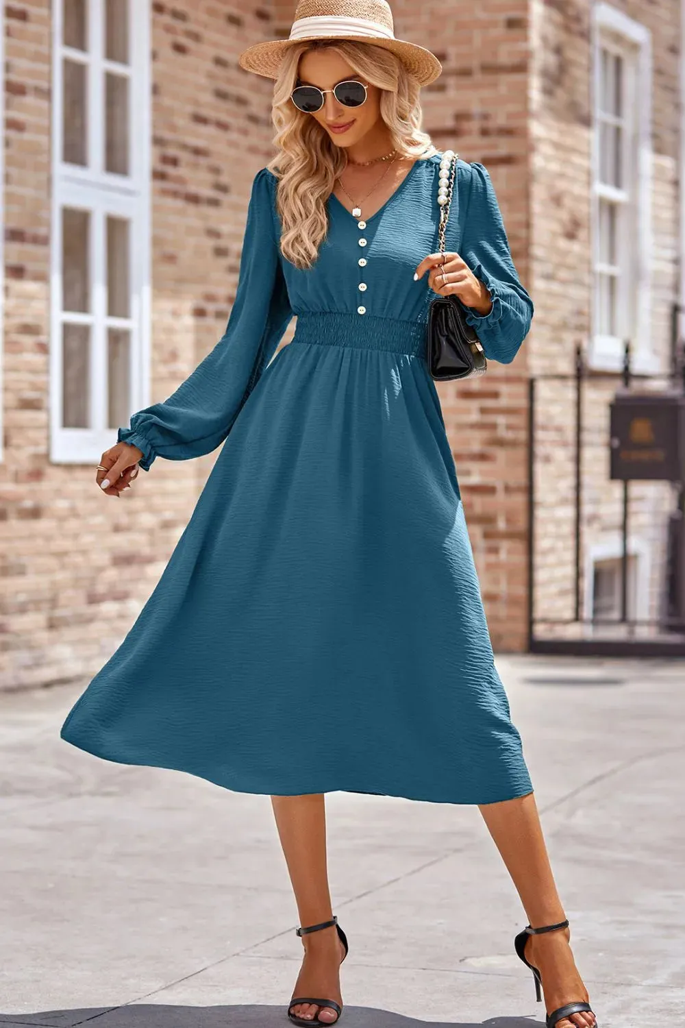 Smocked V-Neck Flounce Sleeve Midi Dress sold by Gigi Laurent
