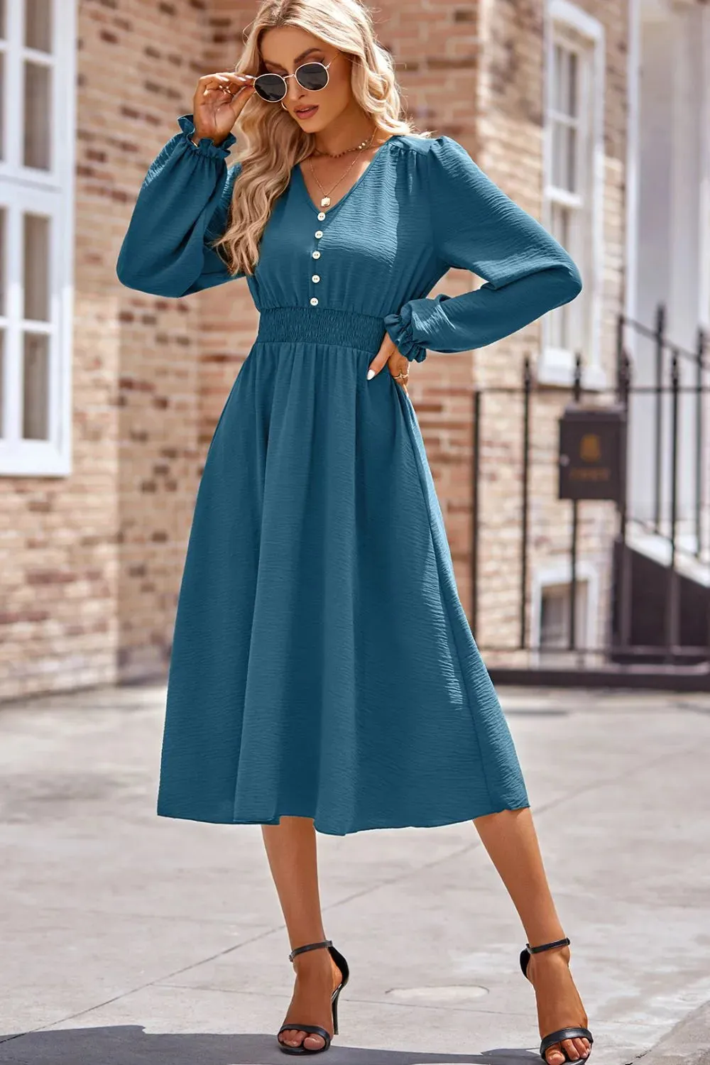 Smocked V-Neck Flounce Sleeve Midi Dress sold by Gigi Laurent product image thumbnail 3