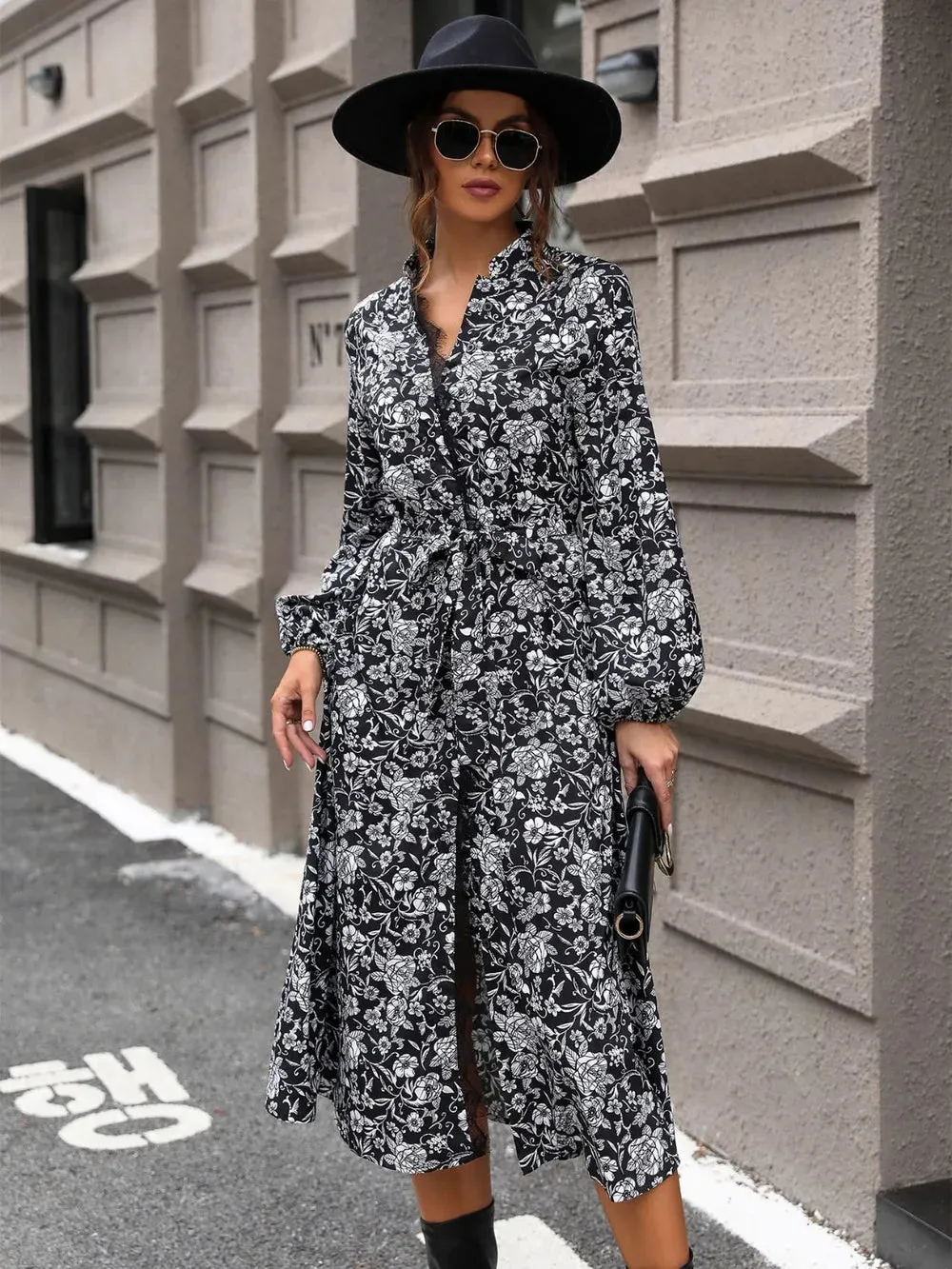 Perfee Lace Detail Printed Long Sleeve Midi Dress sold by Gigi Laurent product image thumbnail 3