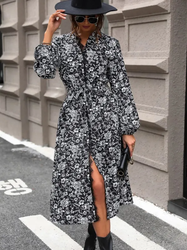 Perfee Lace Detail Printed Long Sleeve Midi Dress sold by Gigi Laurent