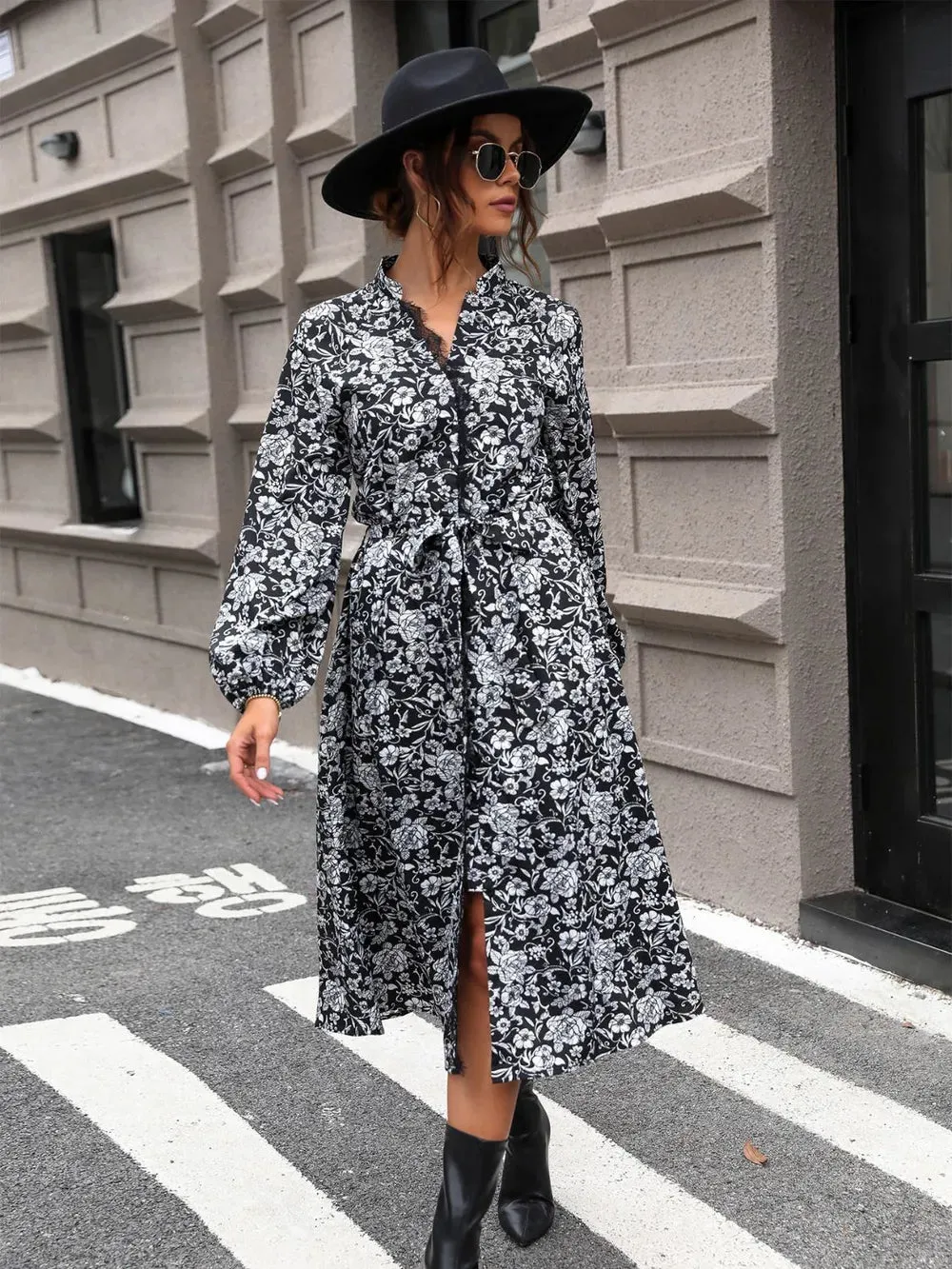 Perfee Lace Detail Printed Long Sleeve Midi Dress sold by Gigi Laurent product image thumbnail 5