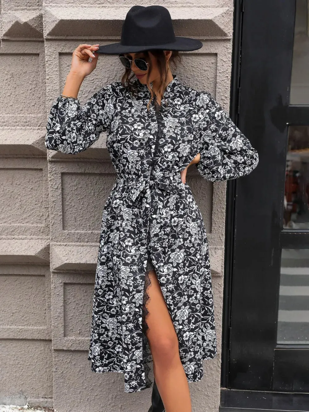 Perfee Lace Detail Printed Long Sleeve Midi Dress sold by Gigi Laurent product image thumbnail 4