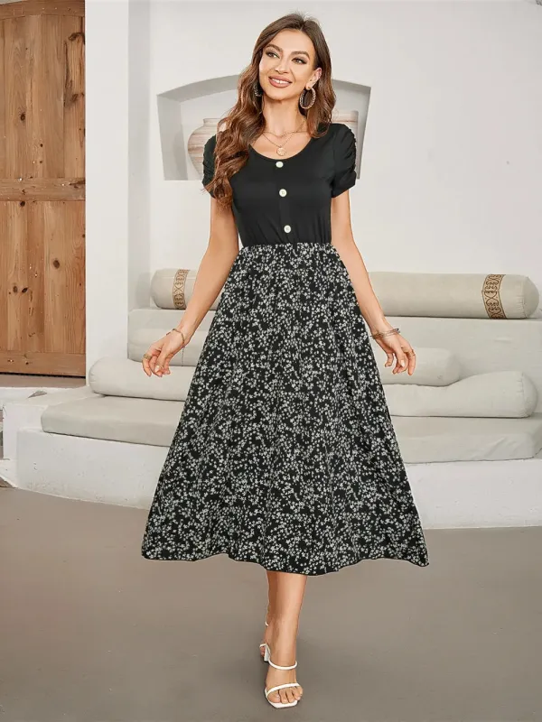 Printed Round Neck Short Sleeve Midi Dress sold by Gigi Laurent