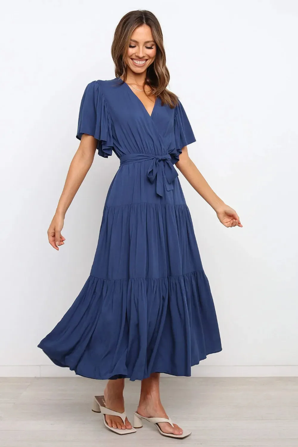 Front Tie Short Sleeve Tiered Midi Dress sold by Gigi Laurent product image thumbnail 2