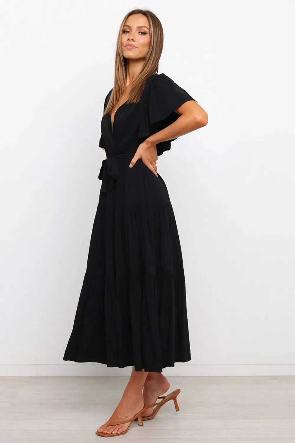 Front Tie Short Sleeve Tiered Midi Dress sold by Gigi Laurent product image thumbnail 4