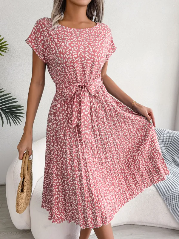 Ditsy Floral Pleated Belted Dress sold by Gigi Laurent