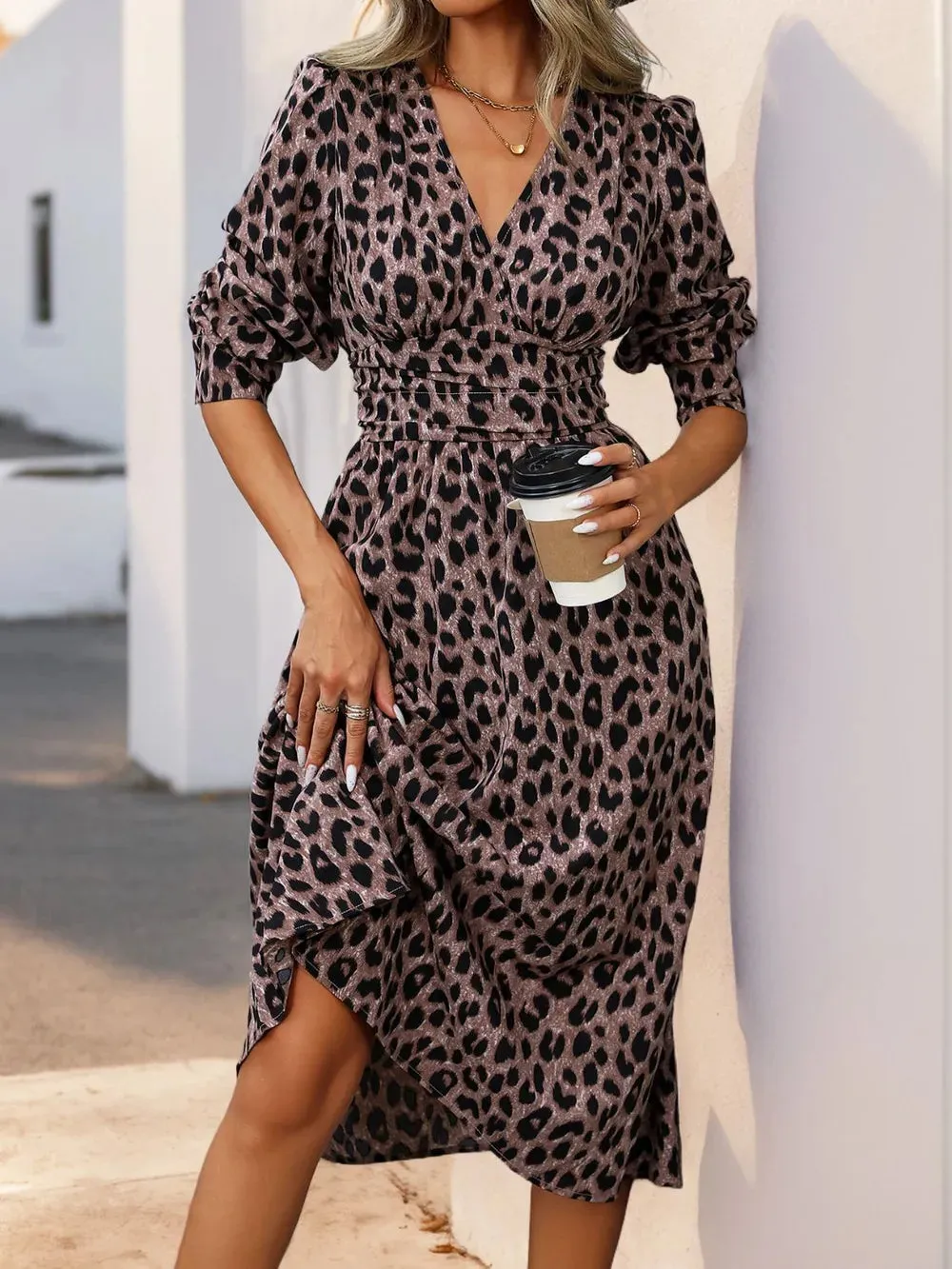 Perfee Leopard Surplice Long Sleeve Midi Dress sold by Gigi Laurent product image thumbnail 5
