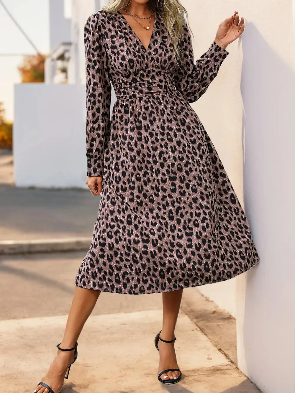 Perfee Leopard Surplice Long Sleeve Midi Dress sold by Gigi Laurent product image thumbnail 3