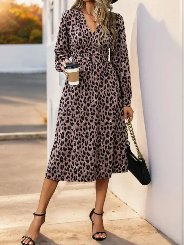 Perfee Leopard Surplice Long Sleeve Midi Dress made by Trendsi