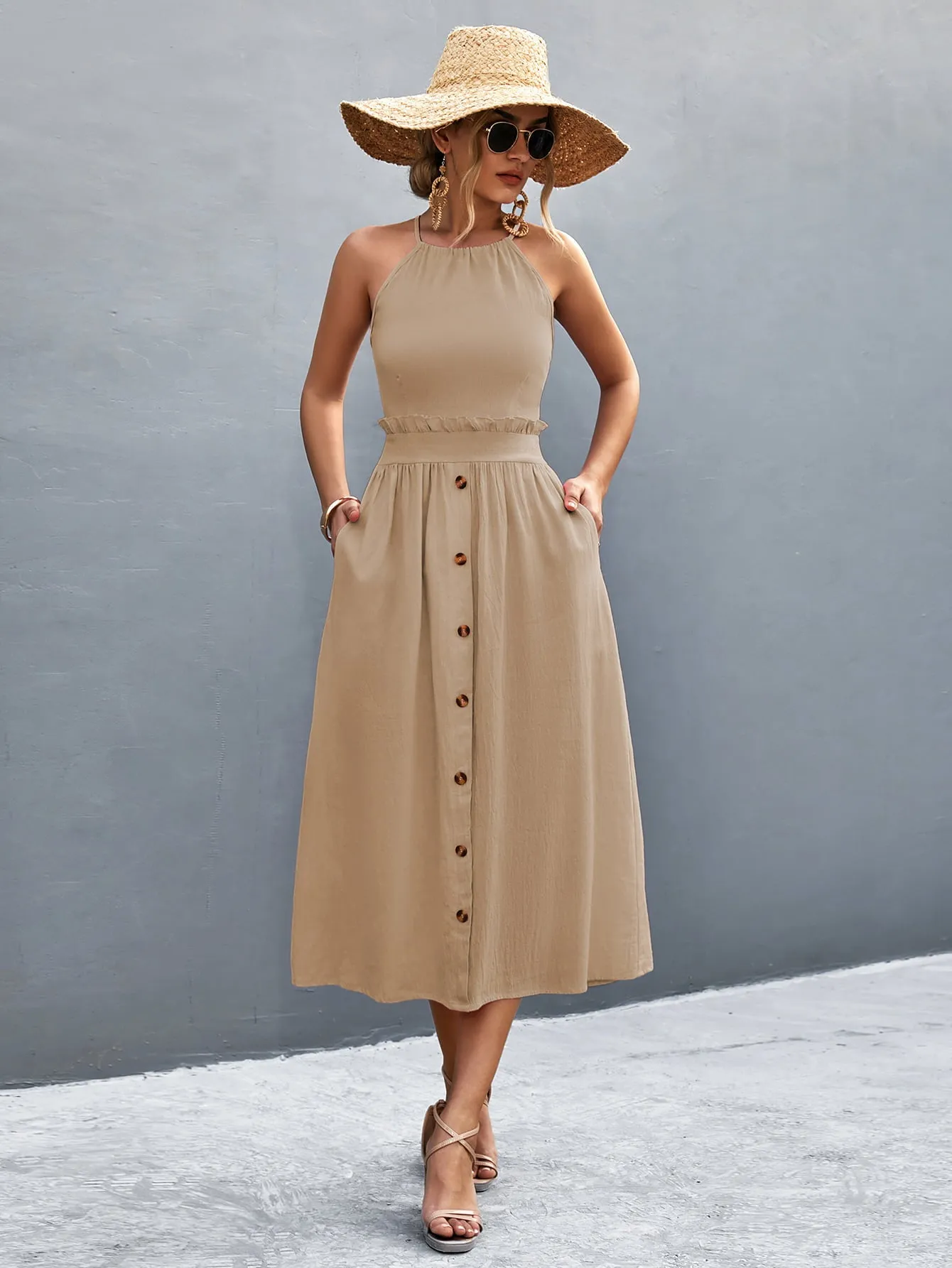 Buttoned Halter Neck Frill Trim Midi Dress sold by Gigi Laurent product image thumbnail 5