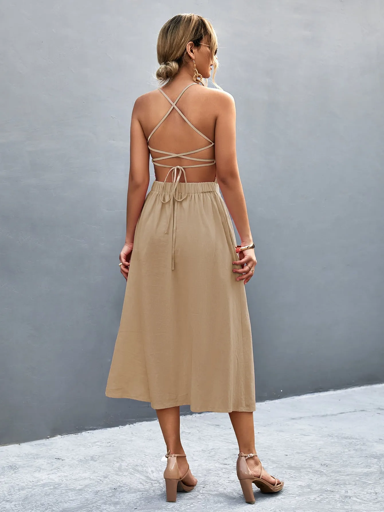 Buttoned Halter Neck Frill Trim Midi Dress sold by Gigi Laurent product image thumbnail 2