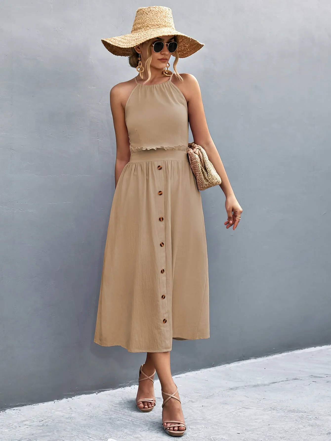 Buttoned Halter Neck Frill Trim Midi Dress sold by Gigi Laurent product image thumbnail 3