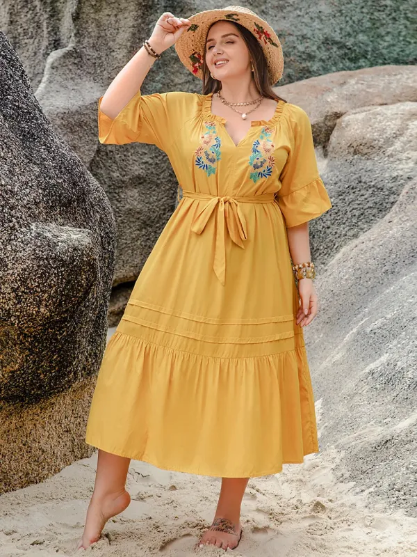 Plus Size Notched Tie Waist Half Sleeve Midi Dress sold by Gigi Laurent