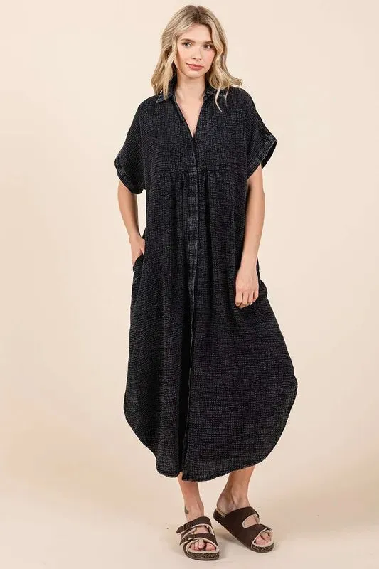 Mittoshop Mineral Wash V Neck Button Up Midi Shirt Dress sold by Gigi Laurent