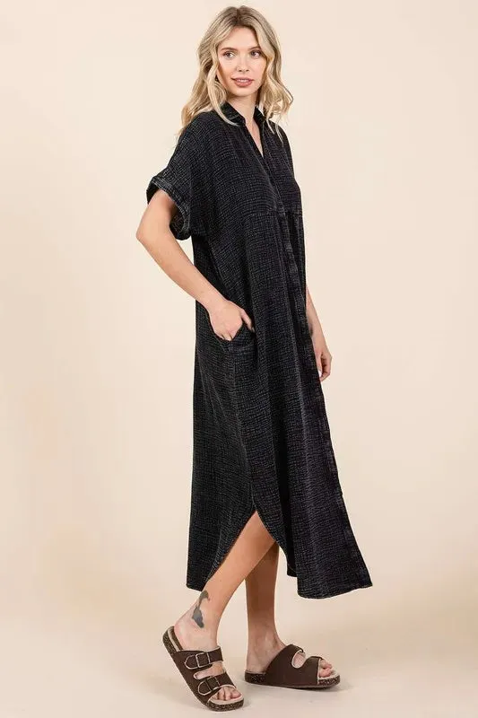 Mittoshop Mineral Wash V Neck Button Up Midi Shirt Dress sold by Gigi Laurent product image thumbnail 3