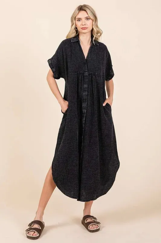 Mittoshop Mineral Wash V Neck Button Up Midi Shirt Dress sold by Gigi Laurent product image thumbnail 2