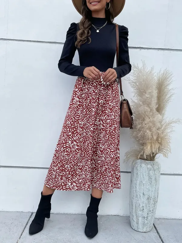 Perfee Printed Mock Neck Puff Sleeve Midi Dress sold by Gigi Laurent