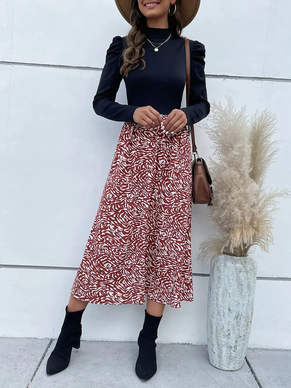 Perfee Printed Mock Neck Puff Sleeve Midi Dress sold by Gigi Laurent