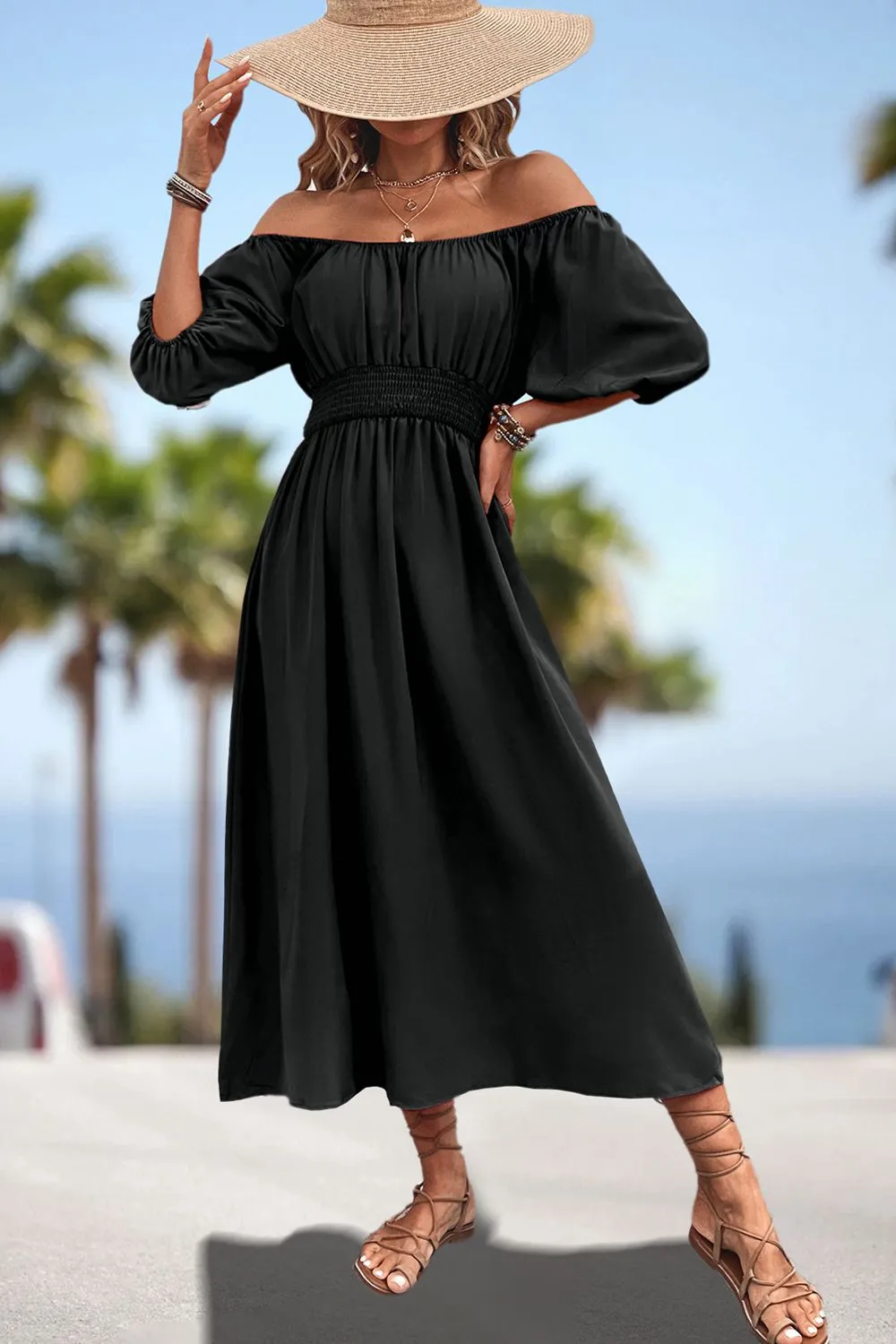 Square Neck Smocked Waist Puff Sleeve Midi Dress sold by Gigi Laurent product image thumbnail 5