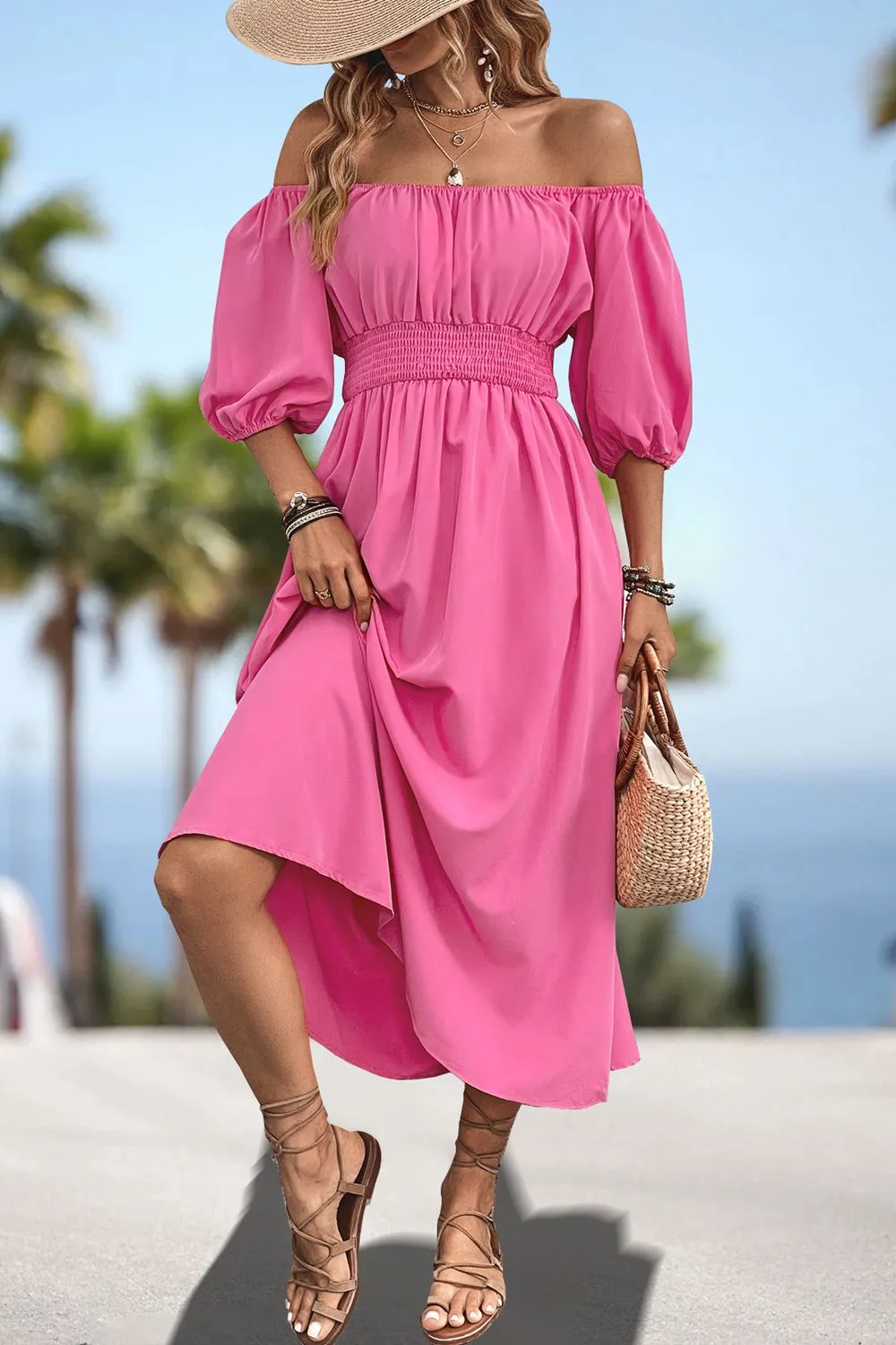 Square Neck Smocked Waist Puff Sleeve Midi Dress sold by Gigi Laurent product image thumbnail 4