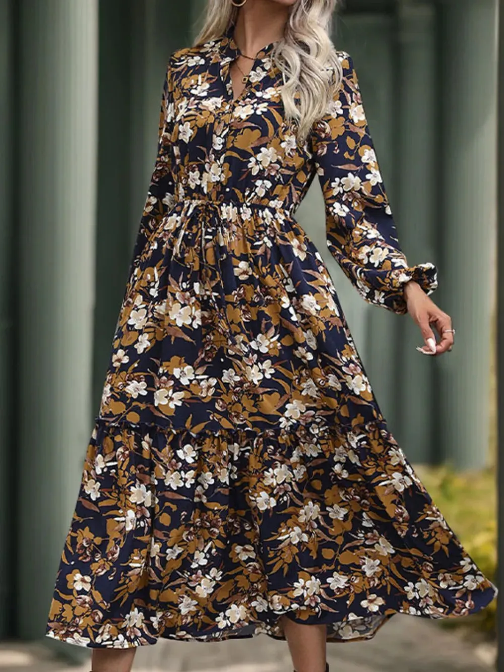Perfee Printed Notched Long Sleeve Midi Dress sold by Gigi Laurent product image thumbnail 5
