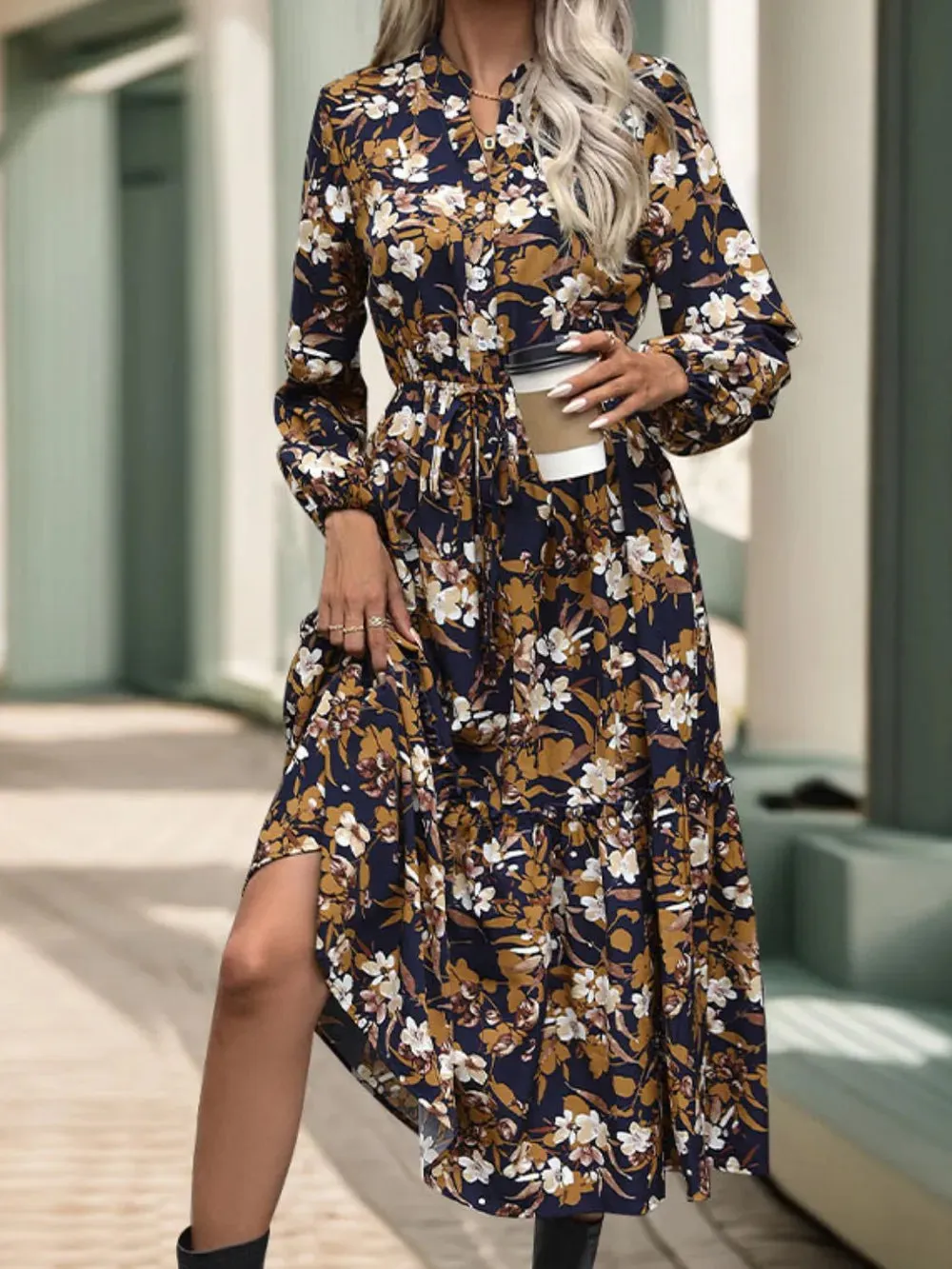Perfee Printed Notched Long Sleeve Midi Dress sold by Gigi Laurent product image thumbnail 3