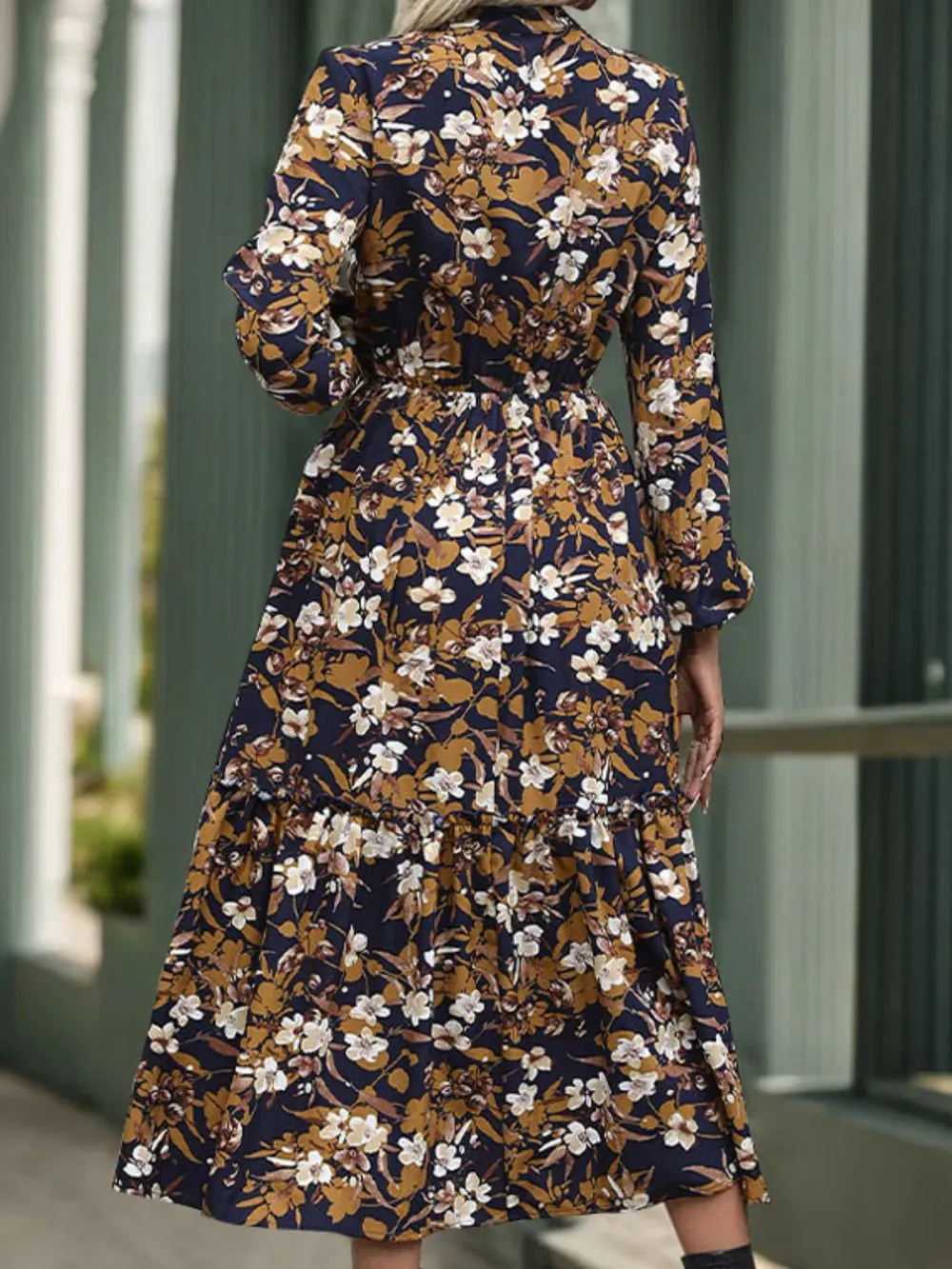 Perfee Printed Notched Long Sleeve Midi Dress sold by Gigi Laurent product image thumbnail 2