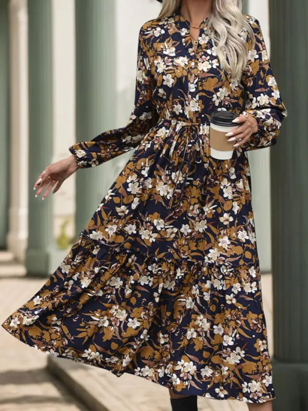 Perfee Printed Notched Long Sleeve Midi Dress sold by Gigi Laurent