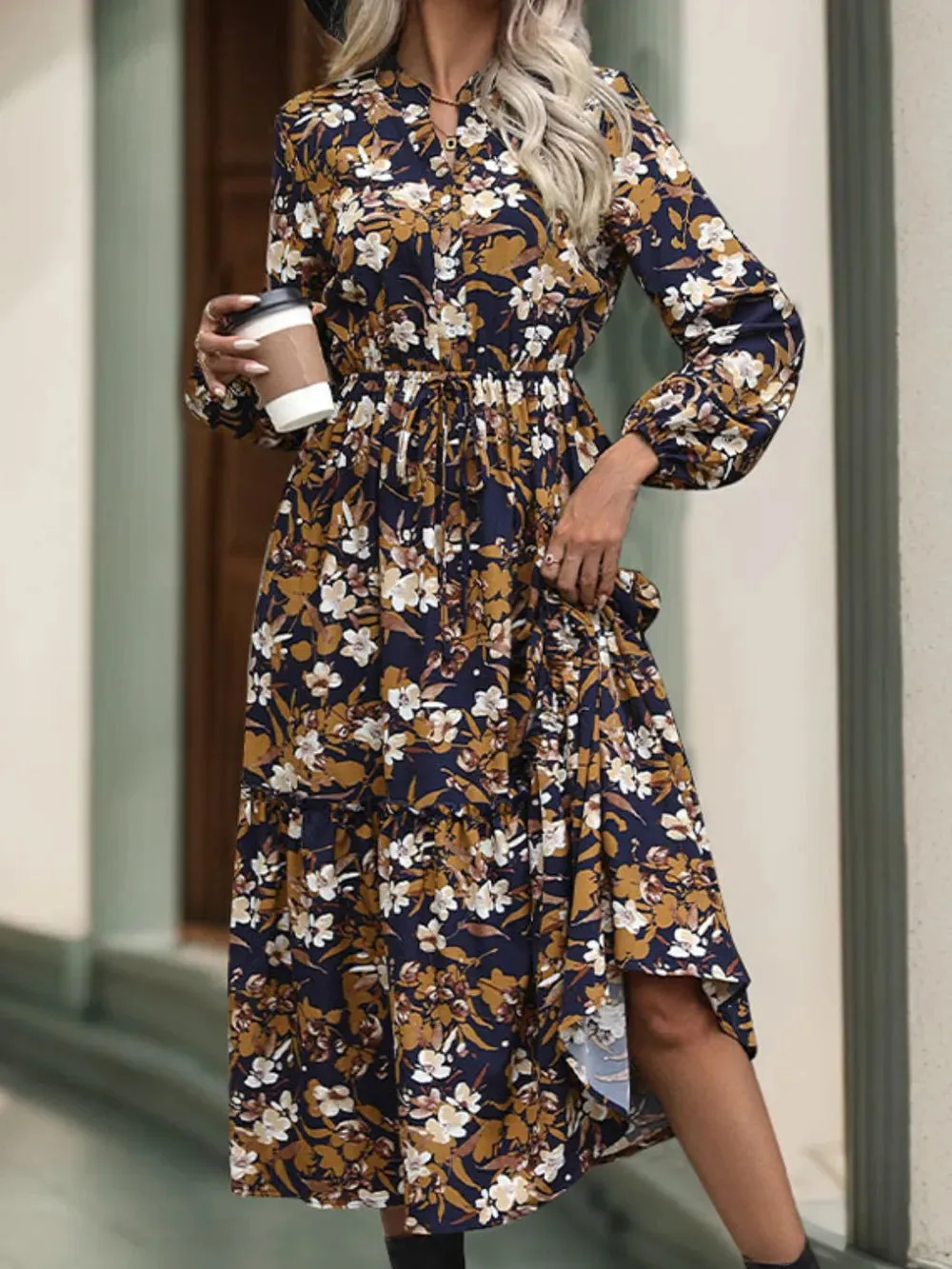 Perfee Printed Notched Long Sleeve Midi Dress sold by Gigi Laurent product image thumbnail 4