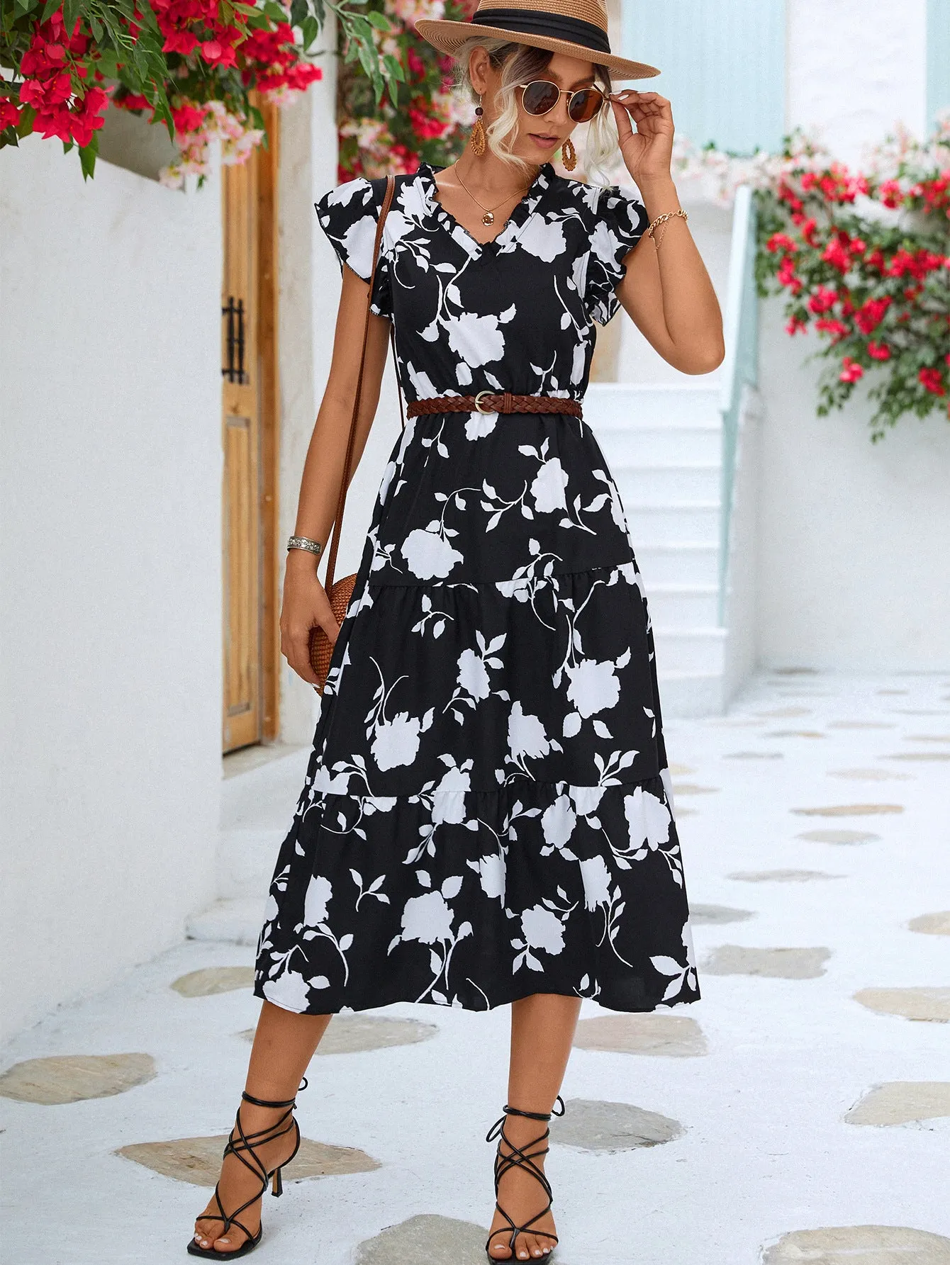 Floral Frill Trim V-Neck Tiered Midi Dress sold by Gigi Laurent product image thumbnail 4