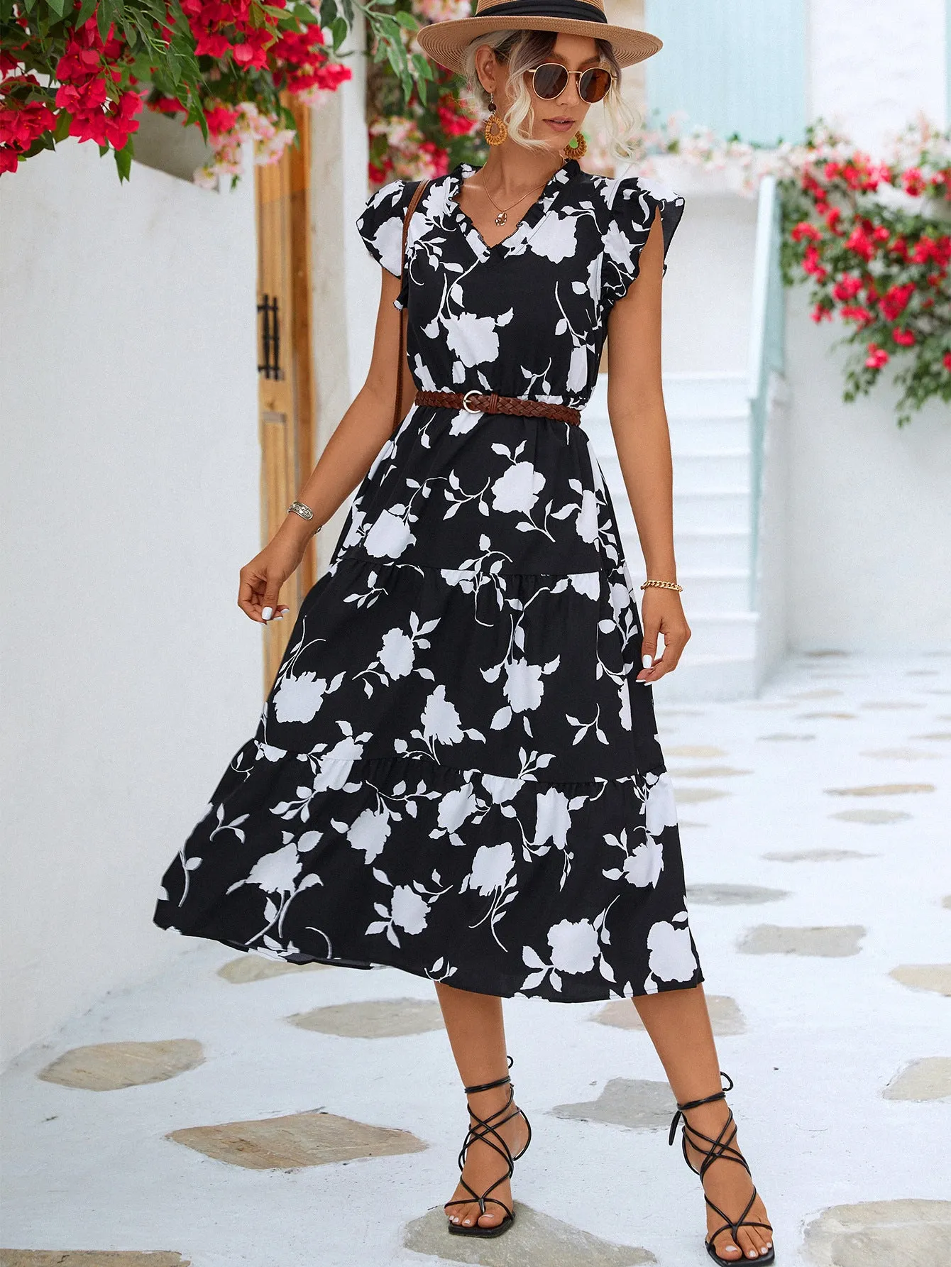 Floral Frill Trim V-Neck Tiered Midi Dress sold by Gigi Laurent product image thumbnail 3